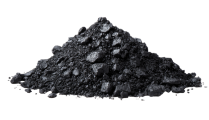 A pile of rough, dark, granular material resembling crushed coal