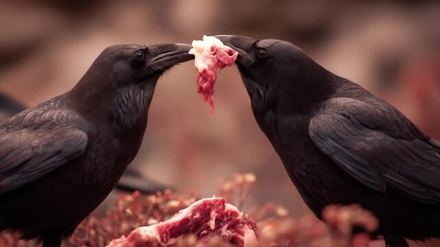 Two ravens hover over meat on a blurred, reddish ground; close, winged figures feed hungrily. nearby