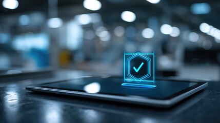Digital badge glowing on a tablet screen in a modern workspace symbolizing verified hygiene credentials in a techsavvy business.