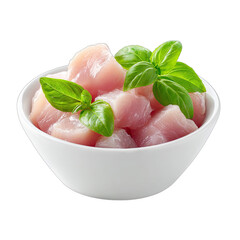 Diced raw poultry in white bowl garnished with fresh green basil leaves