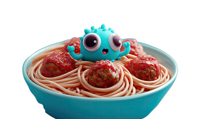 A cute, teal, cartoon monster sits atop a bowl of spaghetti and meatballs