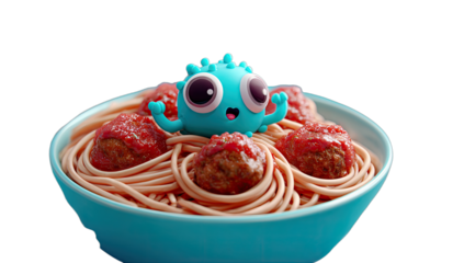 A cute, teal, cartoon monster sits atop a bowl of spaghetti and meatballs