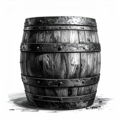 A detailed, grayscale illustration of a weathered wooden barrel with iron bands