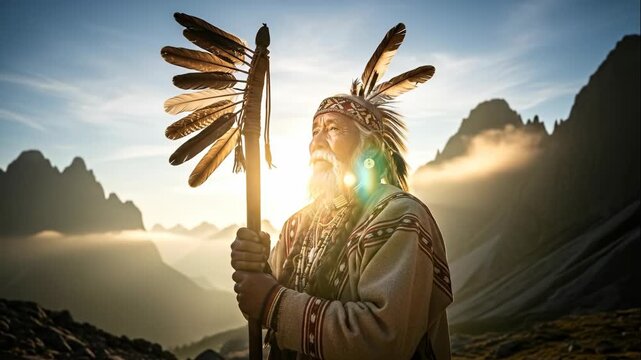 Serene aged man with white beard and feathered headband holding a feather staff in a mountainous landscape at sunrise.