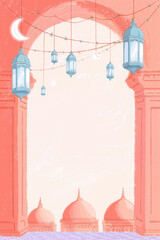 Ramadan Kareem Background, Islamic Lanterns and Mosque Domes Illustration