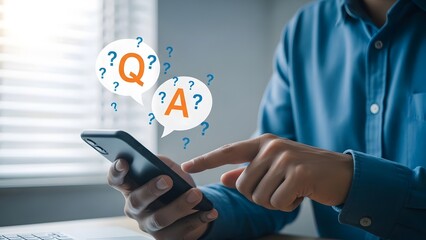 Man interacting with smartphone with question and answer icons