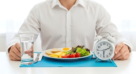 Man in white shirt sitting at table with healthy meal, glass of water, and alarm clock, symbolizing timed eating or intermittent fasting for health and wellness.