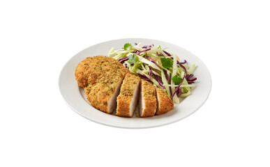 Crispy chicken breast served with shredded cabbage on a white plate against a white backdrop