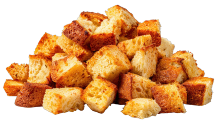 Golden brown toasted bread cubes piled high, ready to eat