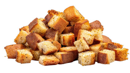 A pile of golden-brown, seasoned baked bread cubes with dark specks