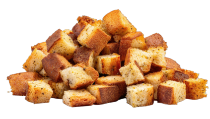 A pile of golden-brown, seasoned baked bread cubes with dark specks