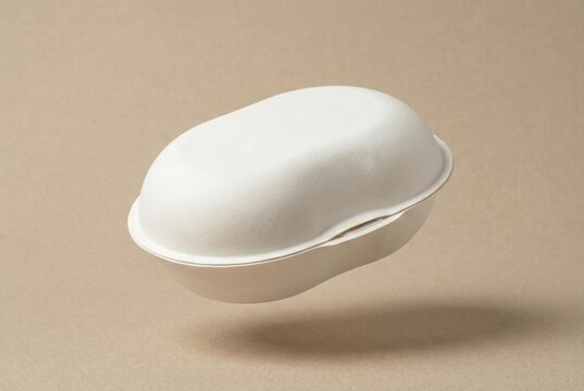 Floating White Smooth Molded Pulp Clamshell Food Container Mockup on Beige Background. Concept for Eco-Friendly Burger Box, Biodegradable Takeaway Packaging and Zero Waste Design