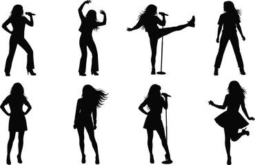 Obraz premium Female singer silhouettes performing with microphone and dynamic poses vector illustration isolated on white background for music concert design