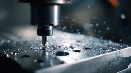 Medium shot capturing a CNC drilling operation on a cast metal piece highlighting exact hole placement and the cutting bit penetrating the material with metal shavings visible.