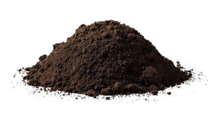 A dark brown mound of rich soil or dirt isolated on a black background