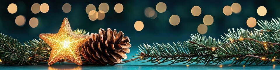 Festive Decoration with Star, Pinecone, and Greenery against Warm Bokeh Background