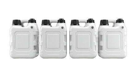 Row of four identical white plastic containers with black caps