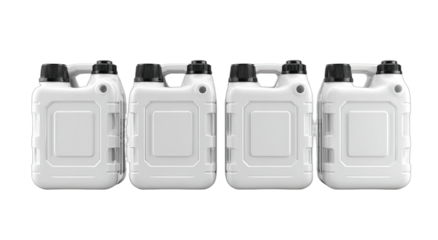 Row of four identical white plastic containers with black caps