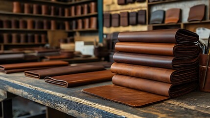 Neatly stacked leather journals and folded leather goods on a worn wooden workbench in a leather craft workshop.