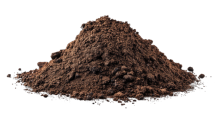 A conical pile of dark, granular soil, with textured clumps