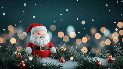 Festive Santa Claus Figure Surrounded by Snowy Pine Branches and Glittering Lights