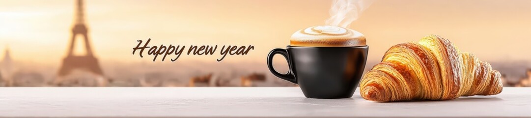 Warm Coffee and Croissant with Paris Skyline Background for New Year Celebration