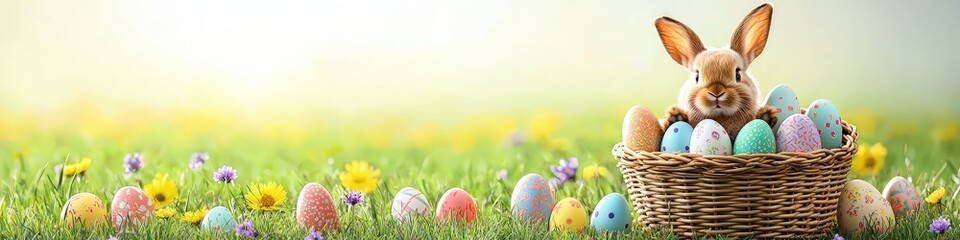 Adorable Bunny Surrounded by Colorful Easter Eggs in a Vibrant Spring Landscape