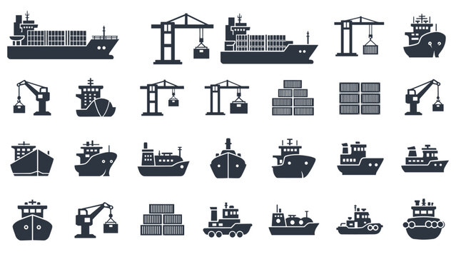 A collection of black icons for maritime shipping and logistics, including container ships, cargo cranes, and various tugboats.