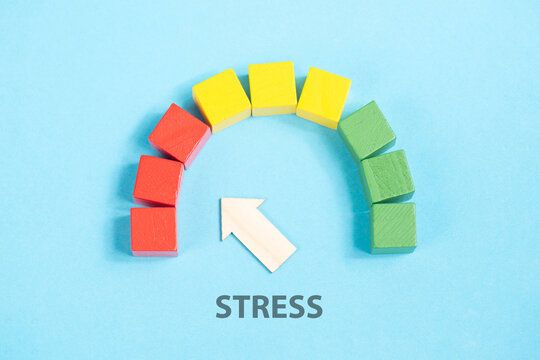 Stress, high pressure, burnout syndrome, exhaustion, work life balance, low energy level, arrow pointing to red critical scale, loading bar
