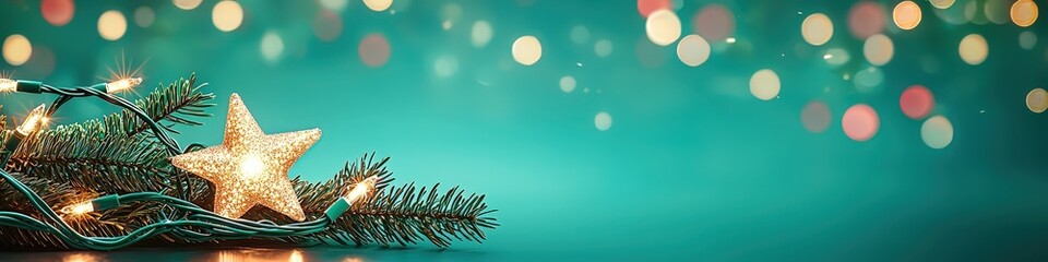 Festive Christmas Star with Holiday Lights and Bokeh Background in Soft Turquoise Hue