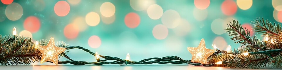 Festive Christmas Lights and Pine Branches with Sparkling Stars on a Colorful Background