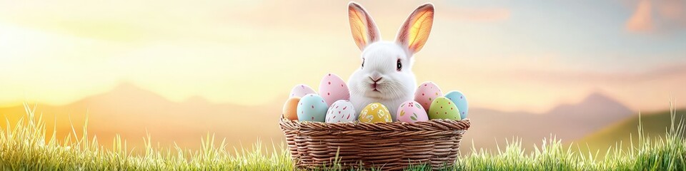Adorable White Rabbit Surrounded by Colorful Easter Eggs in a Beautiful Setting