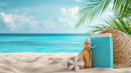 Tranquil Beach Scene with Decorative Items on Soft Sand and Azure Ocean in Background