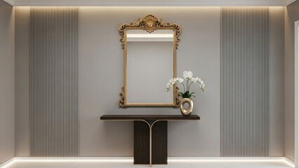 Aesthetic Harmony Elegant golden framed mirror on gray wall above modern console table with orchids | minimal, soft, abstract, modern, neutral, calm.