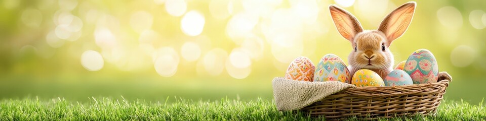 Adorable Bunny in a Basket Surrounded by Colorful Easter Eggs on a Bright Background