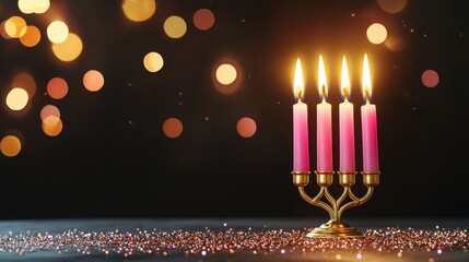 Elegant Pink Candles on Menorah with Soft Glowing Lights and Sparkling Background
