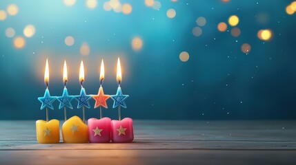 Colorful Star-Shaped Candles Burning on a Wooden Surface with Soft Blue Bokeh Background
