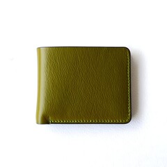Olive green leather wallet with yellow stitching on white background