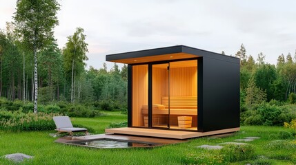 Modern Scandinavian Sauna Cabin Surrounded by Lush Greenery in Natural Landscape