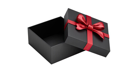 Open matte black gift box with vibrant red ribbon and bow