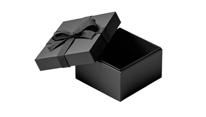 Open black gift box with black ribbon and bow against black background