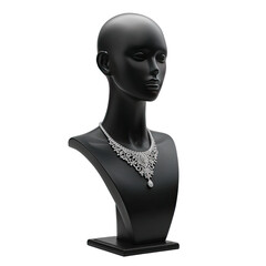 Black mannequin displays a delicate, ornate diamond and pearl necklace