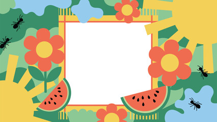 Fototapeta premium A cheerful summer picnic background with a blank square frame for text or photos, decorated with ants and watermelon. This playful design is perfect for party invitations or seasonal content.