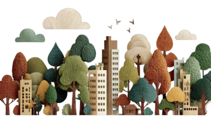 Whimsical paper cut-out cityscape with trees and fluffy clouds