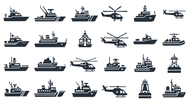 A set of black icons depicting coast guard and patrol boats, ships, and helicopters used for maritime safety and surveillance.