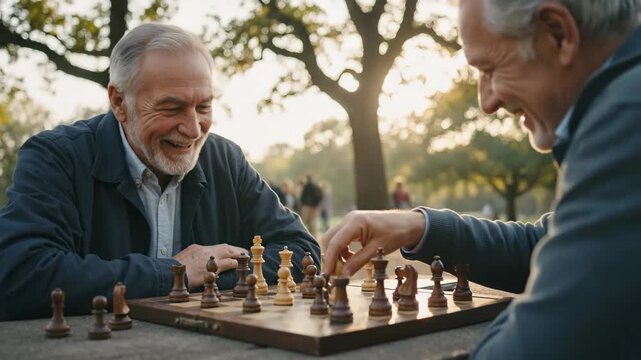 Active senior man playing chess with an opponent in a park, laughing and enjoying a strategic game outdoors.