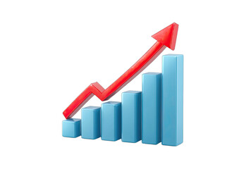 3D blue bar chart with a bold red arrow trending upwards