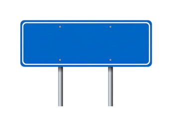 Fototapeta premium A blank blue traffic sign mockup on two silver poles, isolated on a black background.