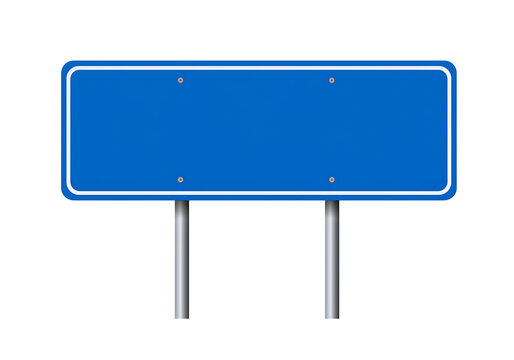 A blank blue traffic sign mockup on two silver poles, isolated on a black background.