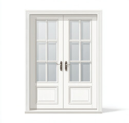 Double doors in white color with glass panels and handles located in a bright space during daytime